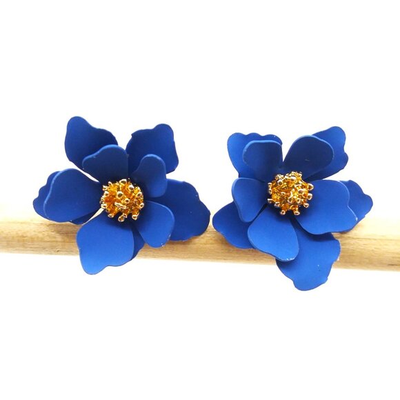 Blue Flower Earrings Stud Simple Trendy Pierced Stylish Fun Gold - Picture 1 of 2